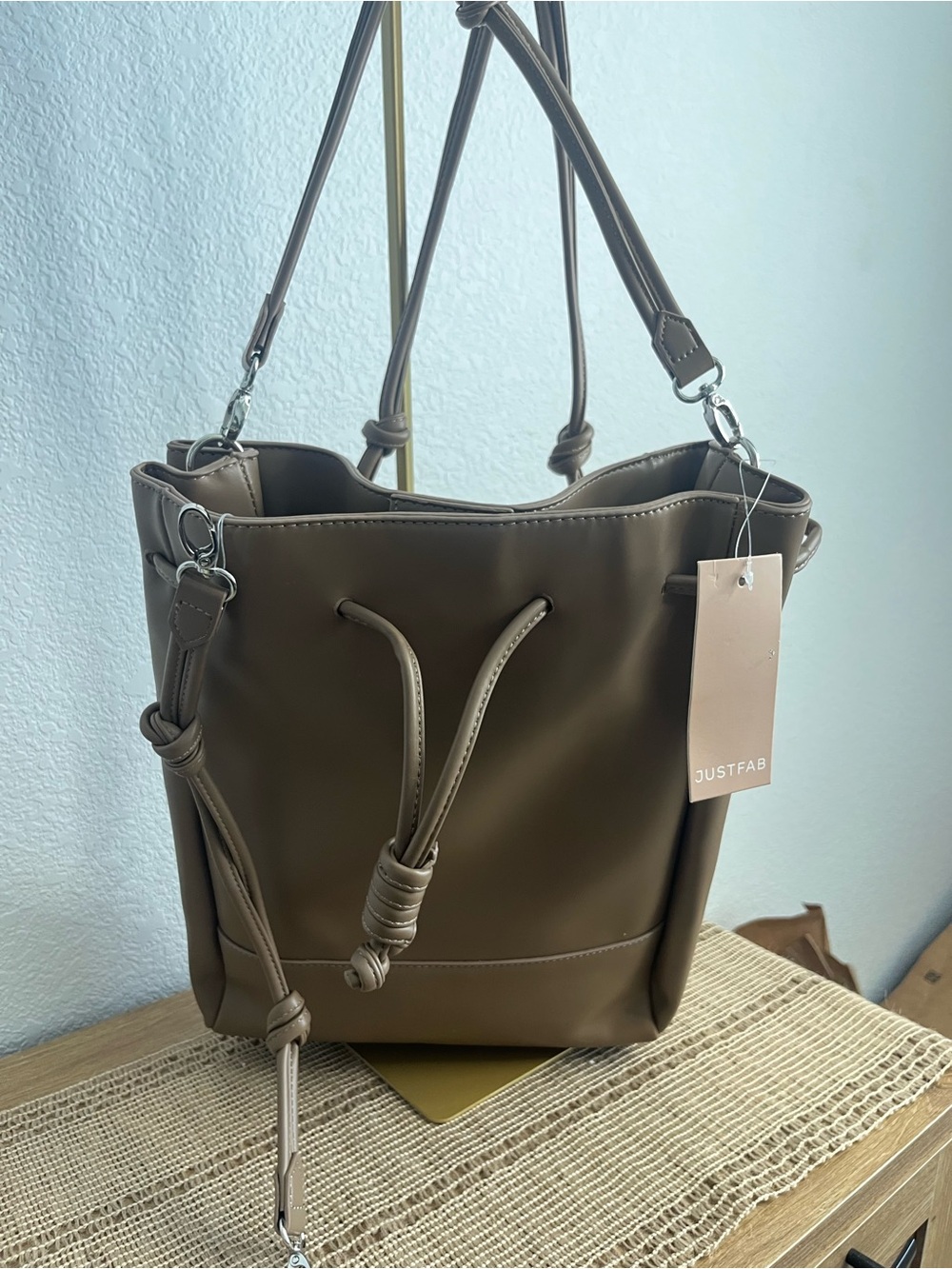 NWT Joy Susan JustFab Vegan Faux Leather Drawstring Bucket style Crossbody Purse